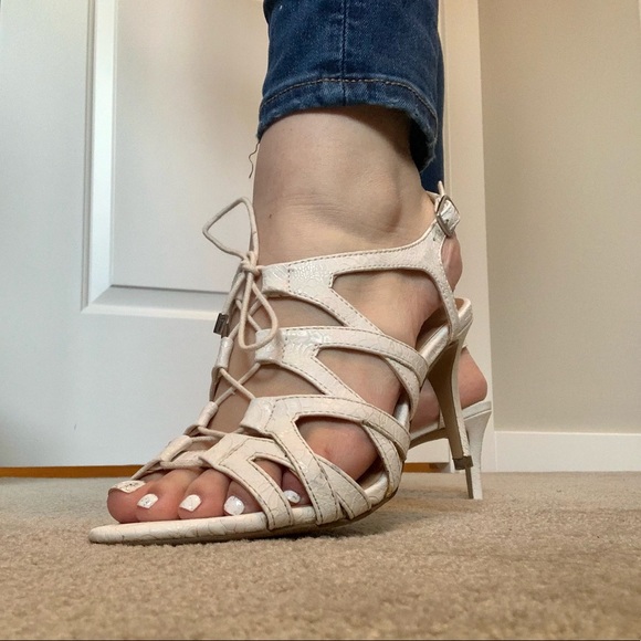White Lace Up Heels - Picture 2 of 14
